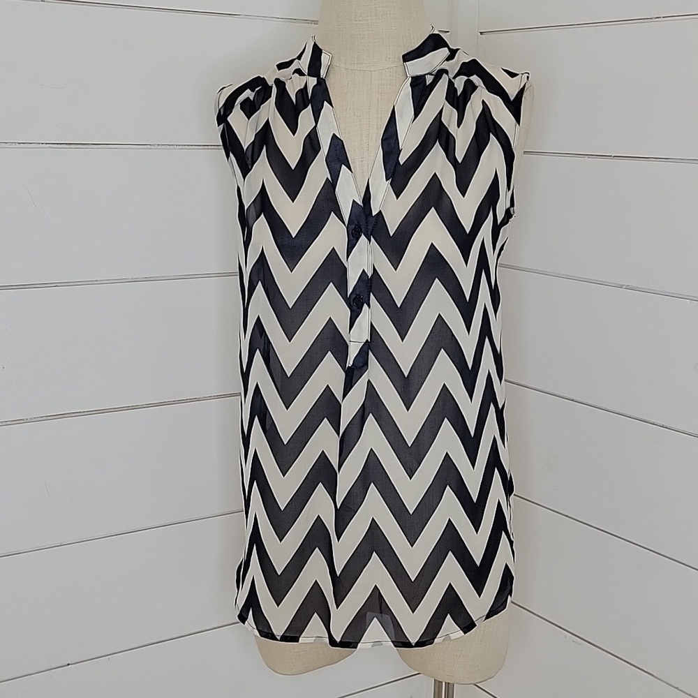 TACERA medium navy blue & white chevron sheer sleeveless blouse